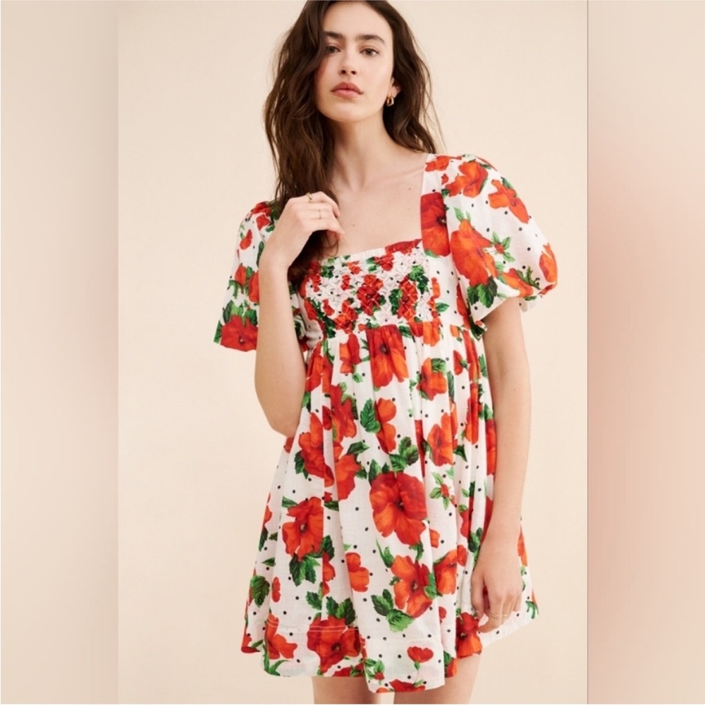 Anthropologie Maeve Floral Polka Dot Square-Neck Smocked Babydoll Dress New!